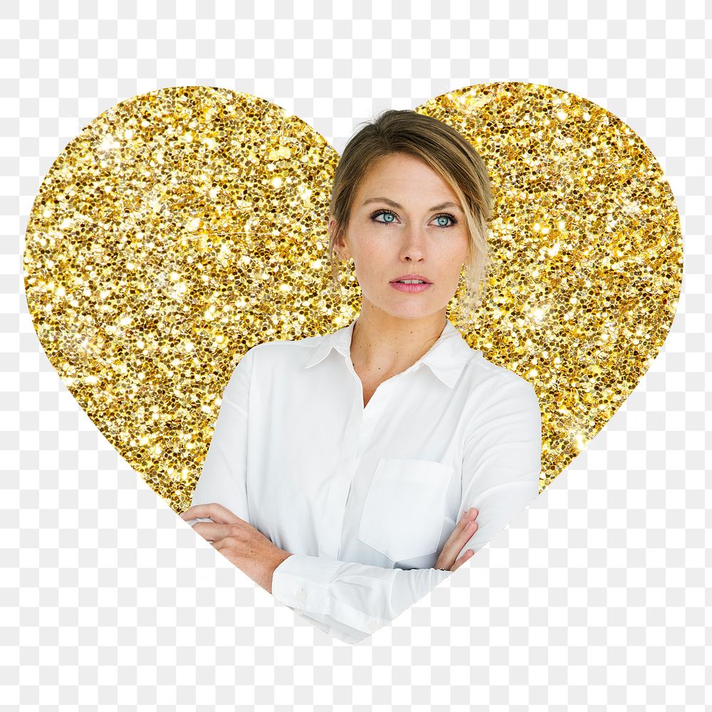 Businesswoman png badge sticker, gold glitter heart shape, transparent background