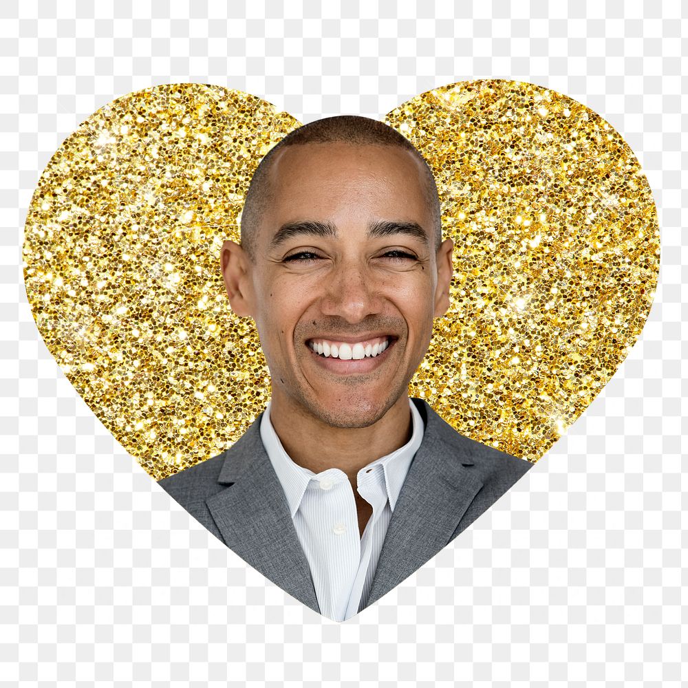 Confident businessman png badge sticker, gold glitter heart shape, transparent background