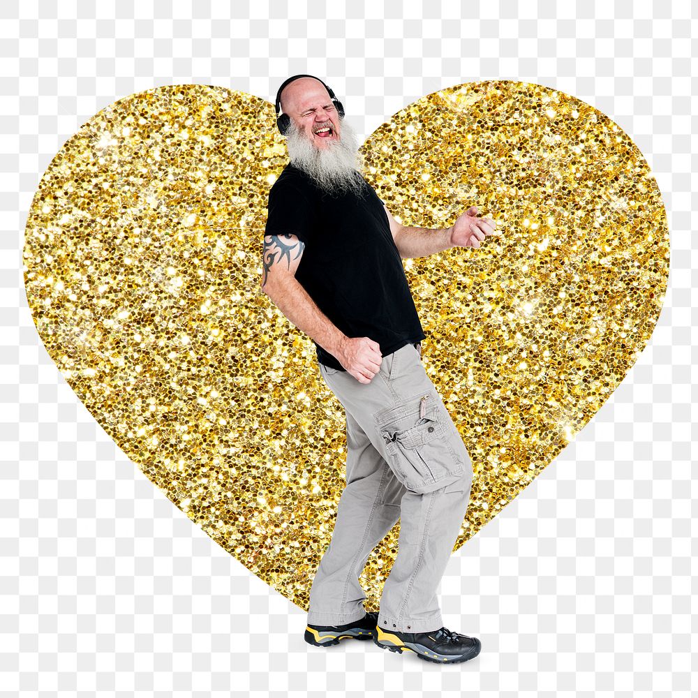 Png bearded man enjoying music badge sticker, gold glitter heart shape, transparent background