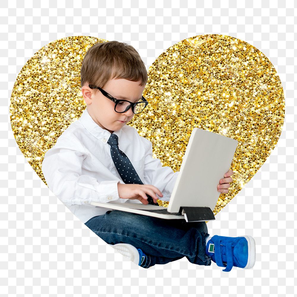 Png kid using laptop badge sticker, gold glitter heart shape, transparent background