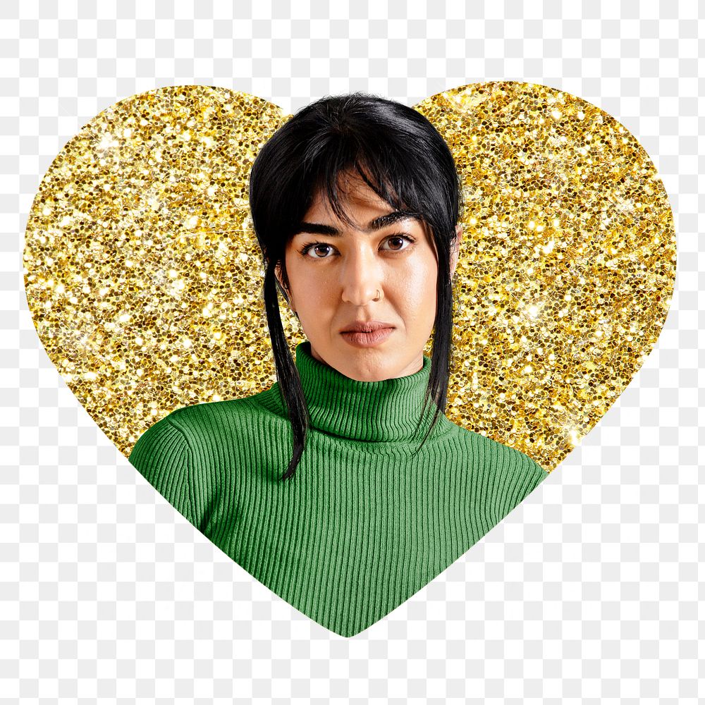 Png woman wearing turtleneck badge sticker, gold glitter heart shape, transparent background