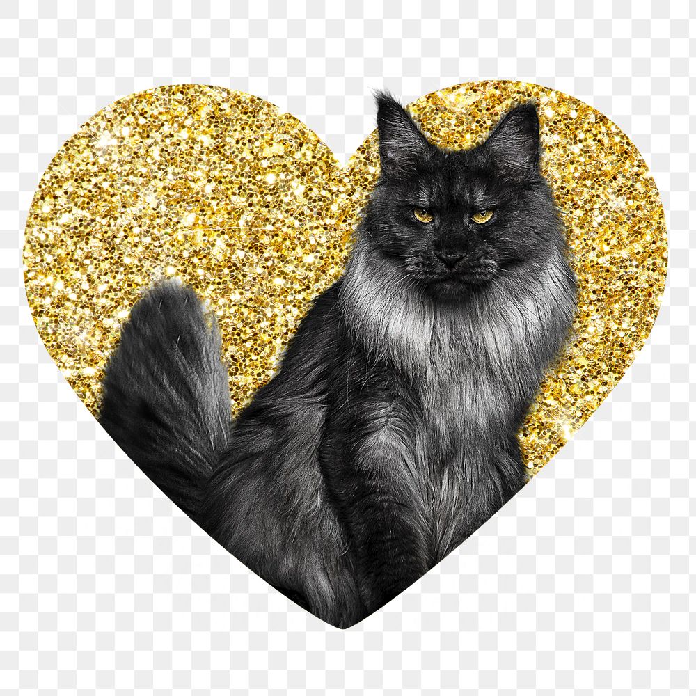 Angora cat png badge sticker, gold glitter heart shape, transparent background