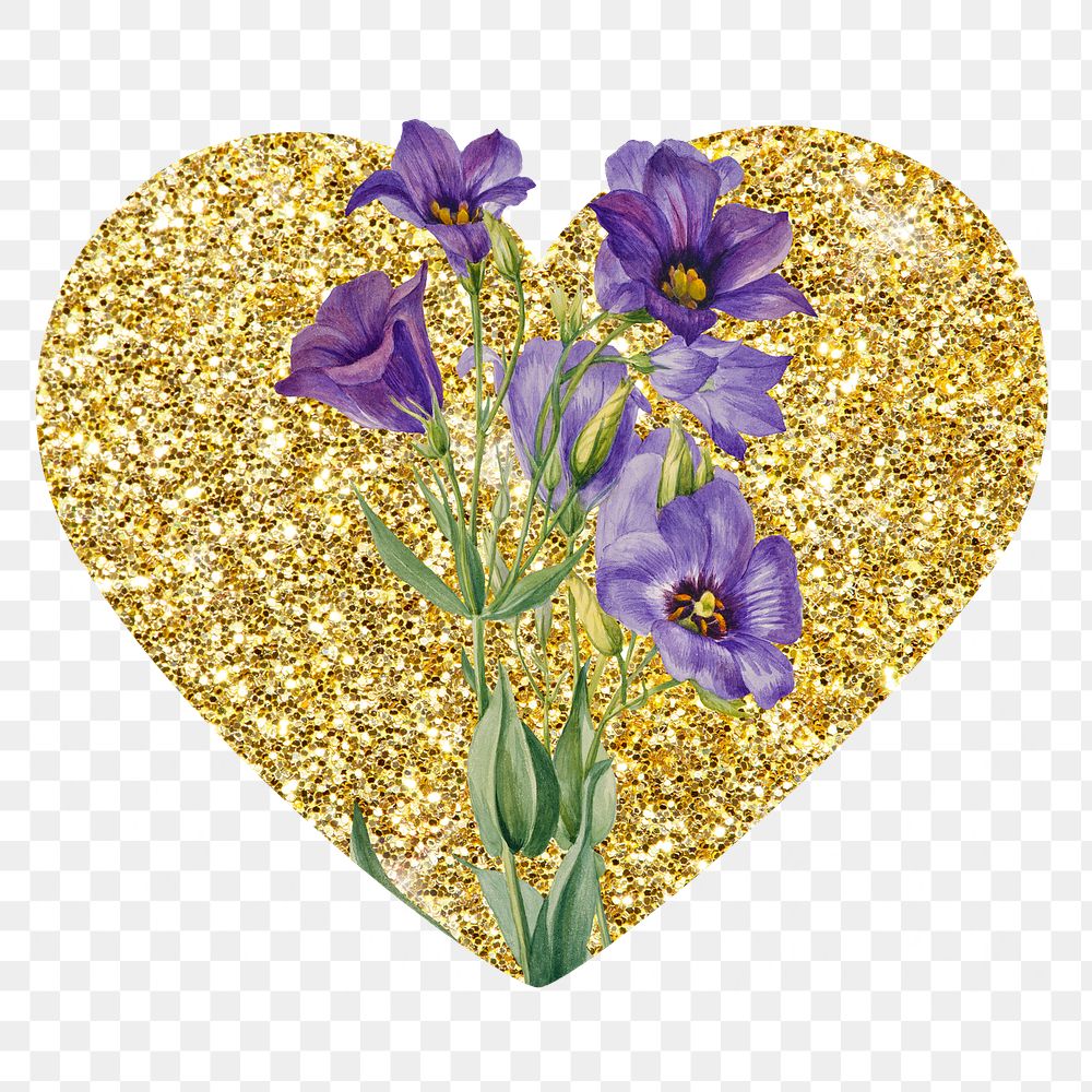 Png Texas bluebell flower badge sticker, gold glitter heart shape, transparent background