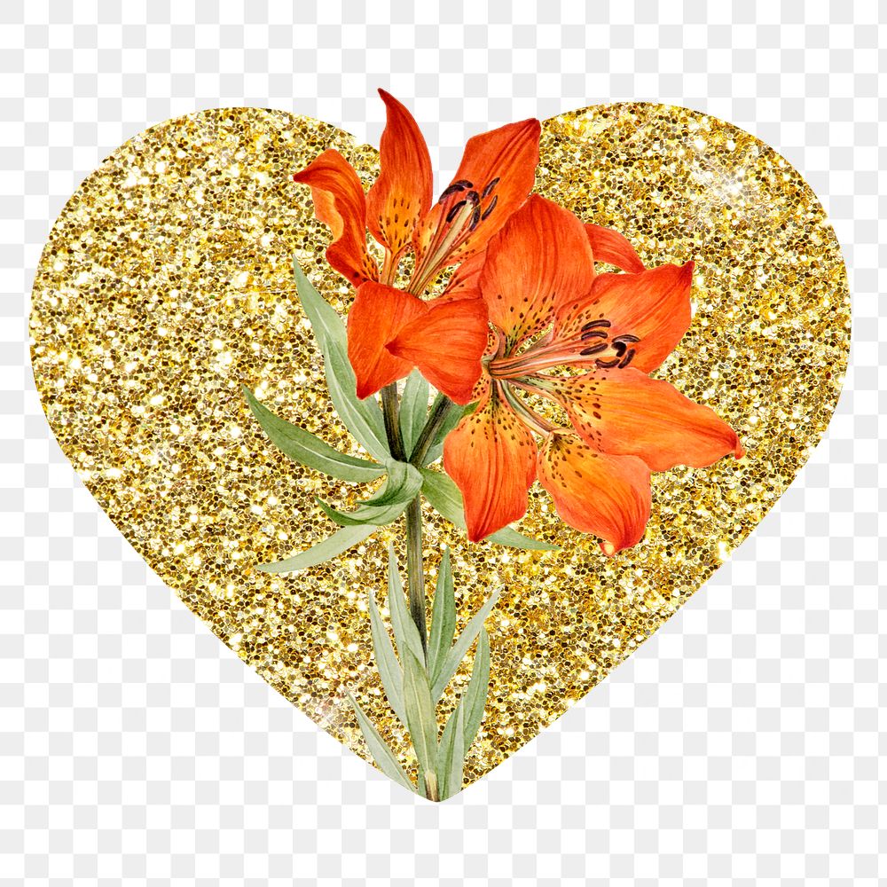 Red lily png badge sticker, gold glitter heart shape, transparent background