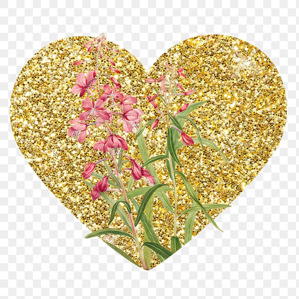 Fireweed flower png badge sticker, gold glitter heart shape, transparent background