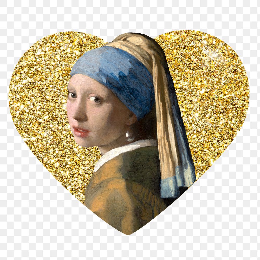 Png Girl with a Pearl Earring badge sticker, Johannes Vermeer's famous artwork, gold glitter heart shape, transparent…