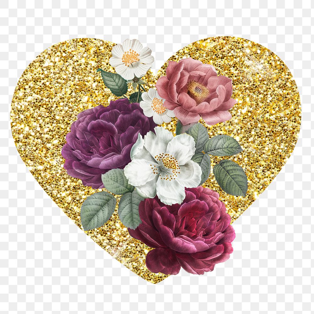 Roses png badge sticker, gold glitter heart shape, transparent background