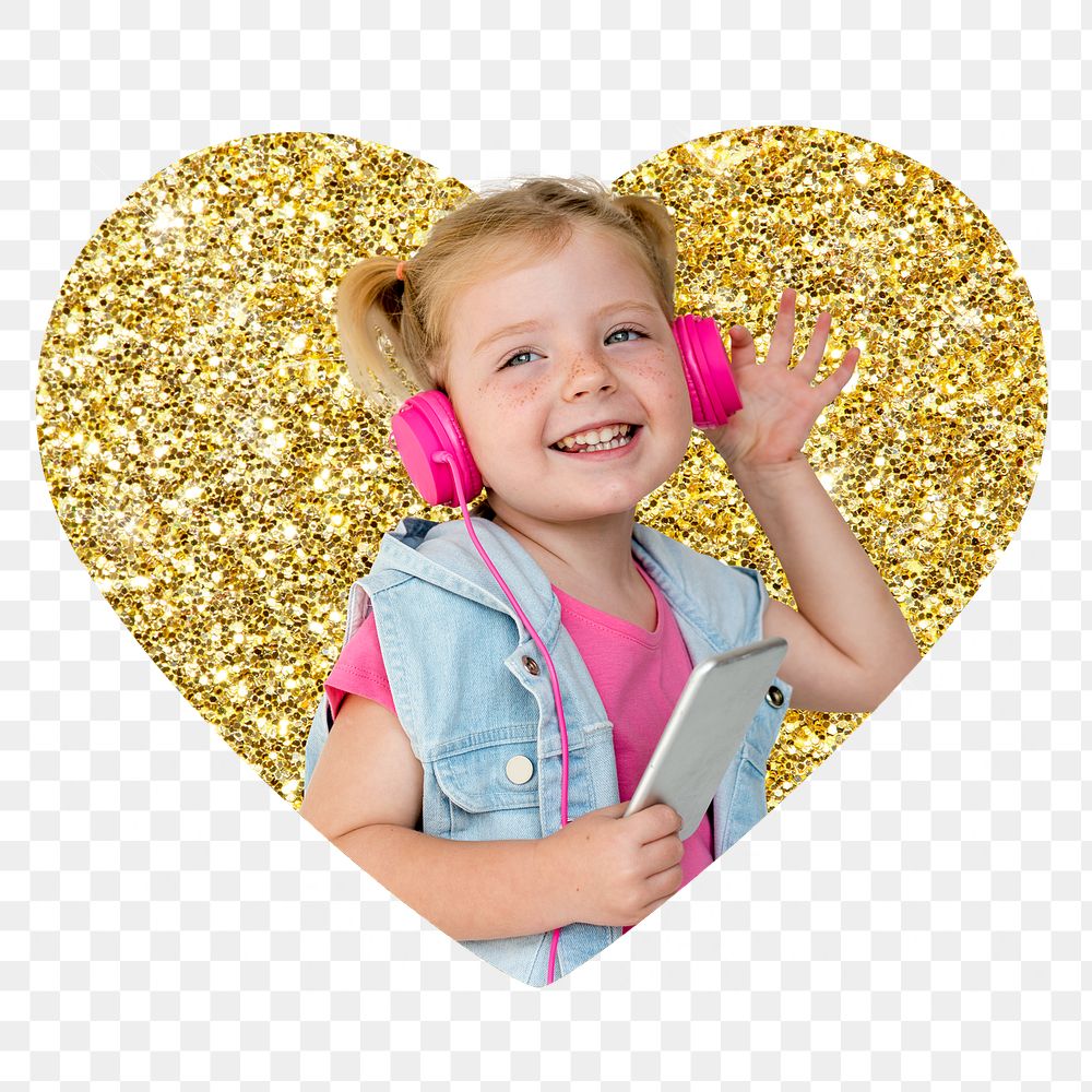 Png girl enjoying music badge sticker, gold glitter heart shape, transparent background