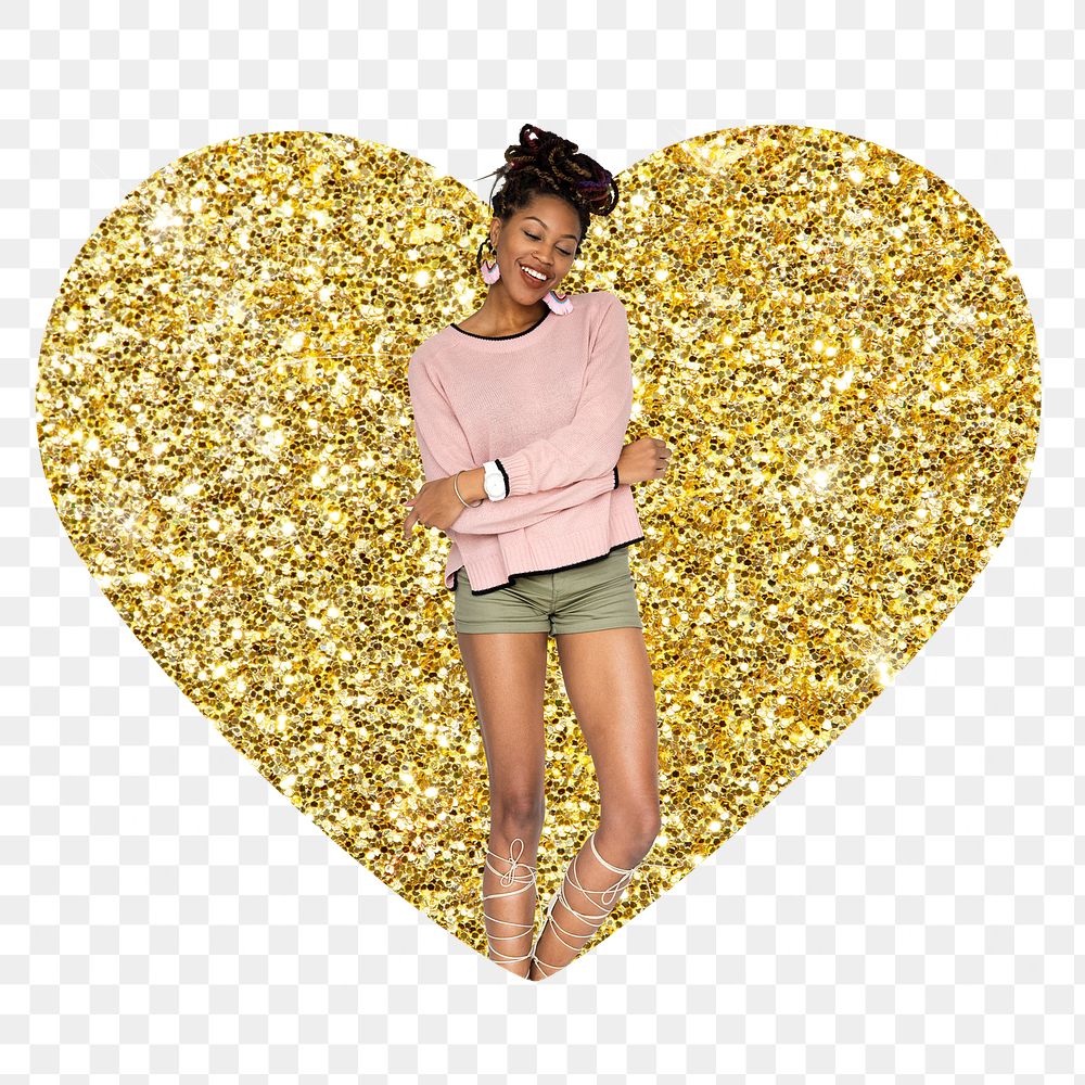 African woman png badge sticker, gold glitter heart shape, transparent background