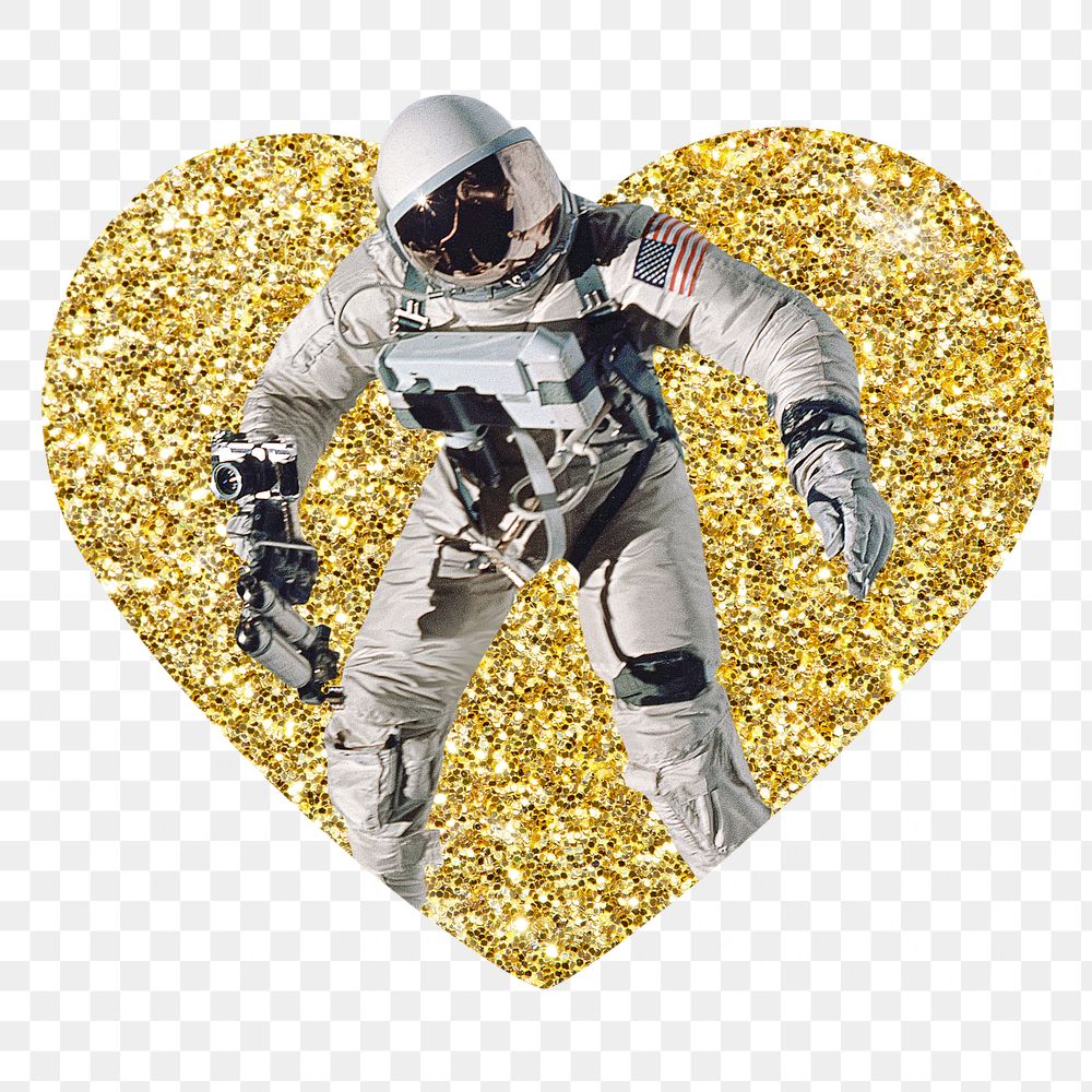 Astronaut png badge sticker, gold glitter heart shape, transparent background