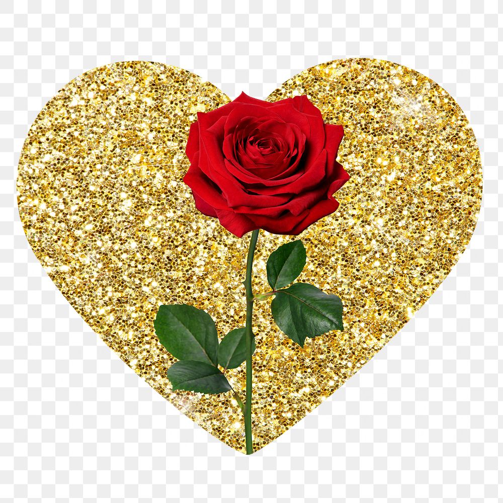 Red rose png badge sticker, gold glitter heart shape, transparent background