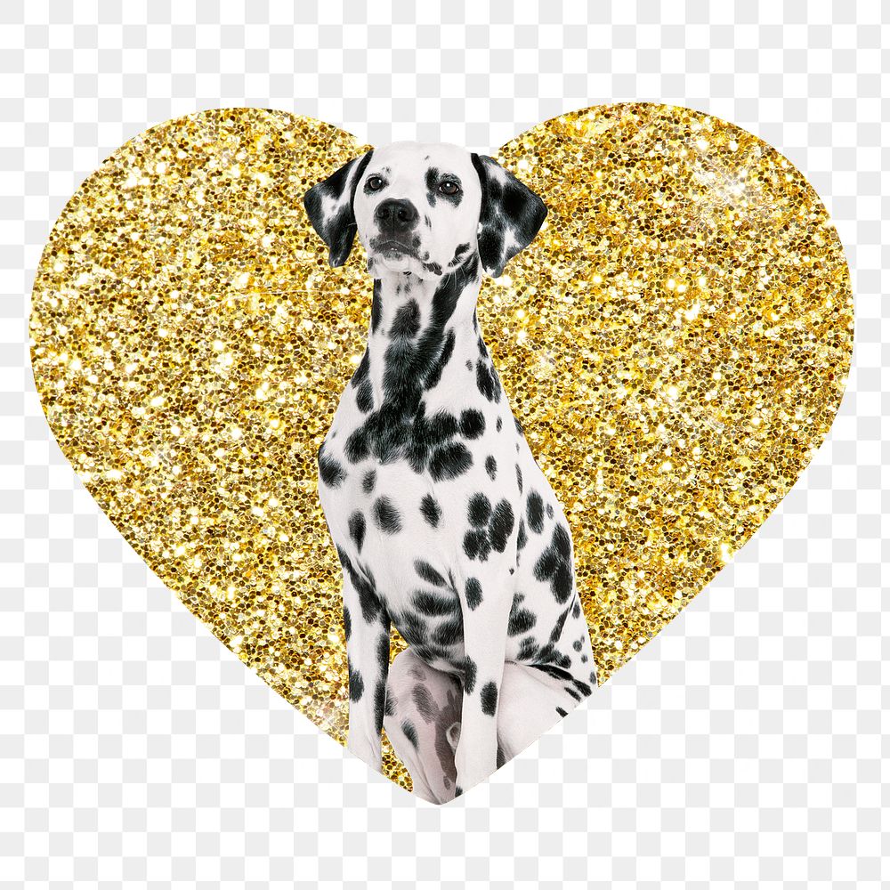 Dalmatian dog png badge sticker, gold glitter heart shape, transparent background