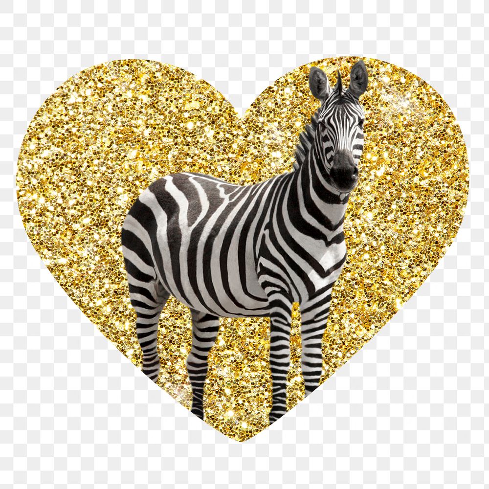 Zebra png badge sticker, gold glitter heart shape, transparent background