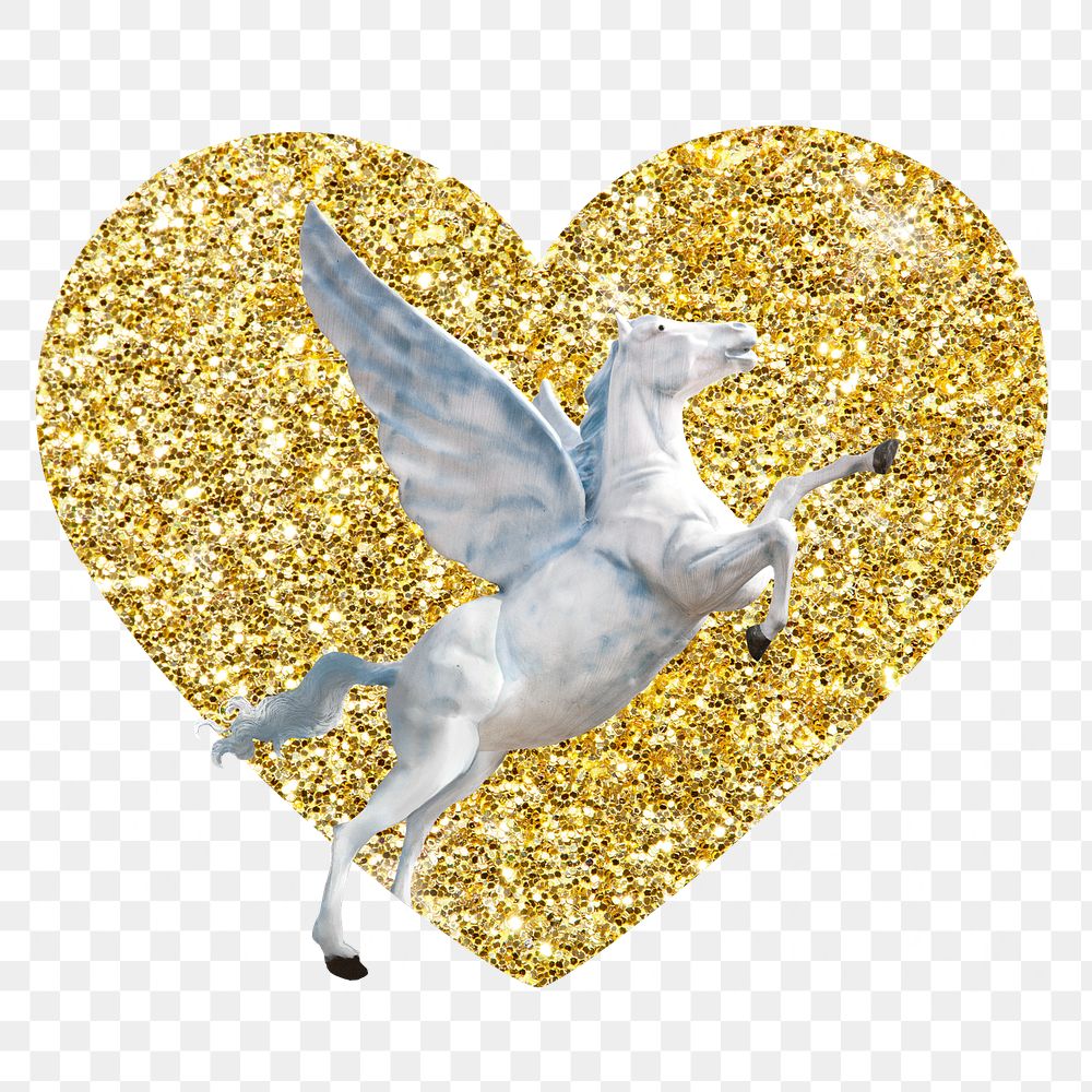 Pegasus png badge sticker, gold glitter heart shape, transparent background