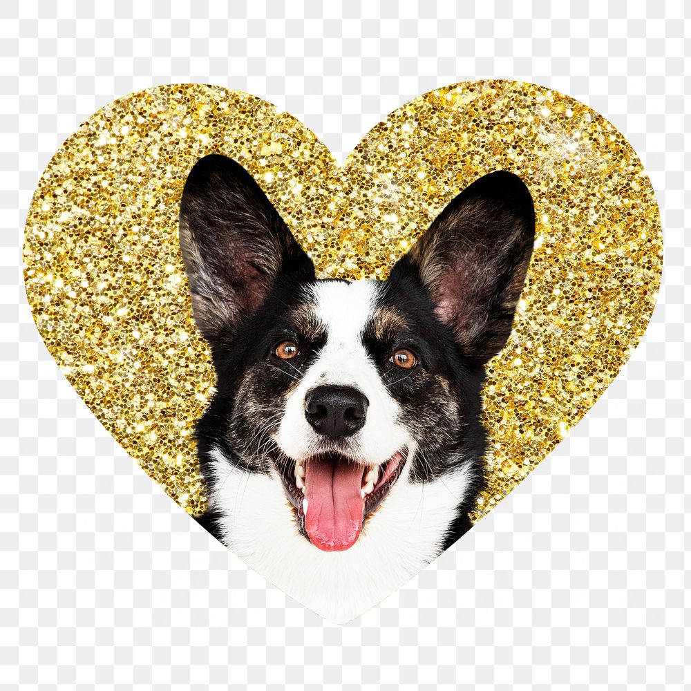 Png Welsh Corgi dog badge sticker, gold glitter heart shape, transparent background