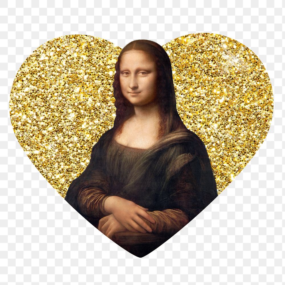 Mona Lisa png badge sticker, Vinci's famous painting, gold glitter heart shape, transparent background remixed by rawpixel