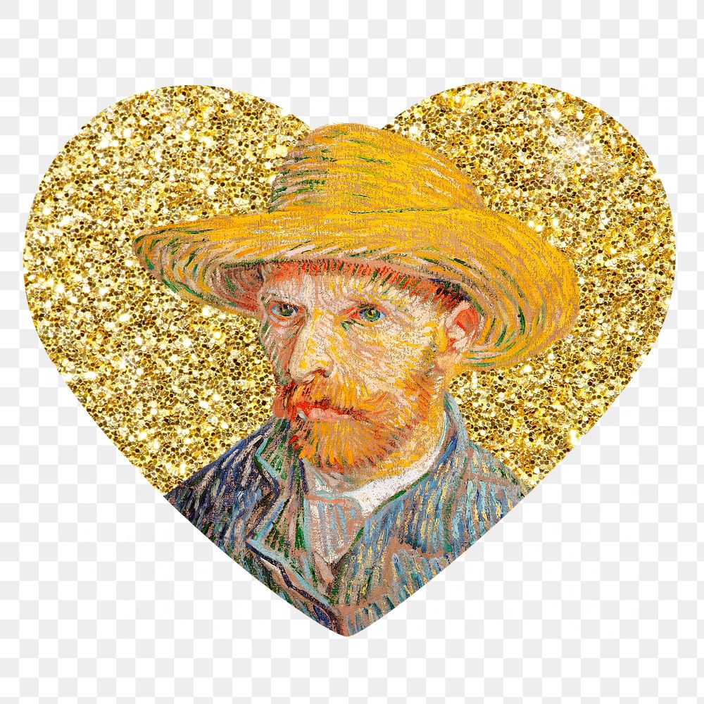 Png Van Gogh's Self-Portrait badge sticker, gold glitter heart shape, transparent background remixed by rawpixel
