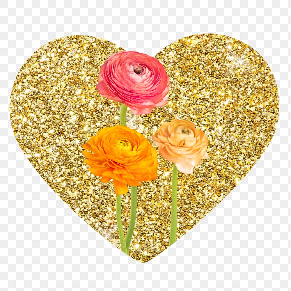 Ranunculus flower png badge sticker, gold glitter heart shape, transparent background
