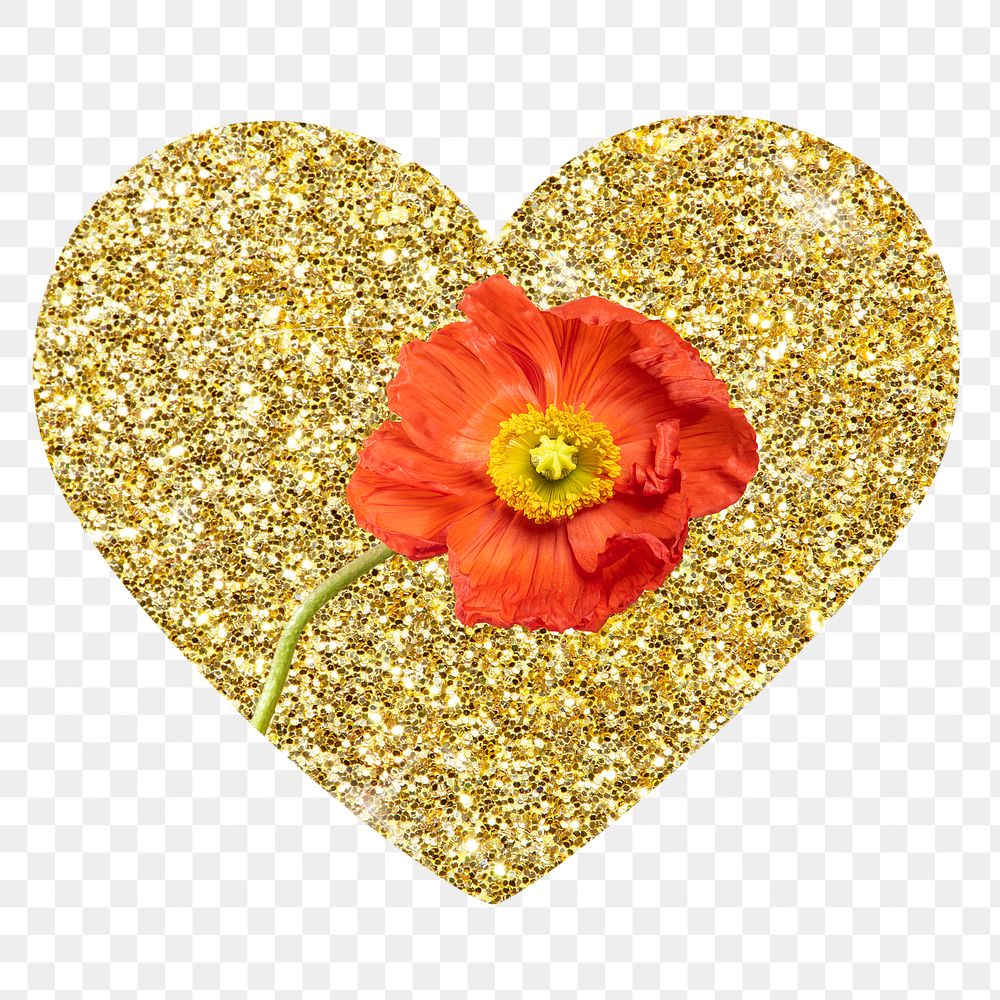 Poppy flower png badge sticker, gold glitter heart shape, transparent background