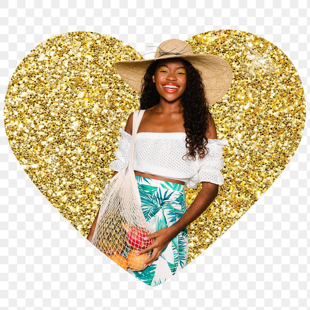 Png happy African woman badge sticker, gold glitter heart shape, transparent background