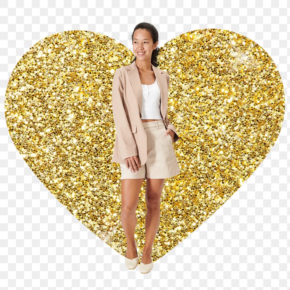 Asian businesswoman png badge sticker, gold glitter heart shape, transparent background