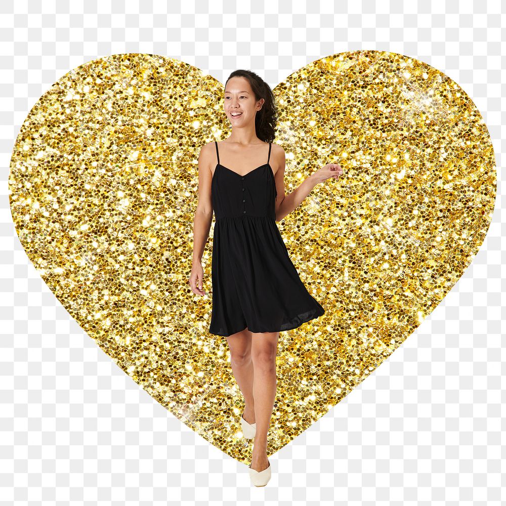 Png Asian woman in black dress badge sticker, gold glitter heart shape, transparent background