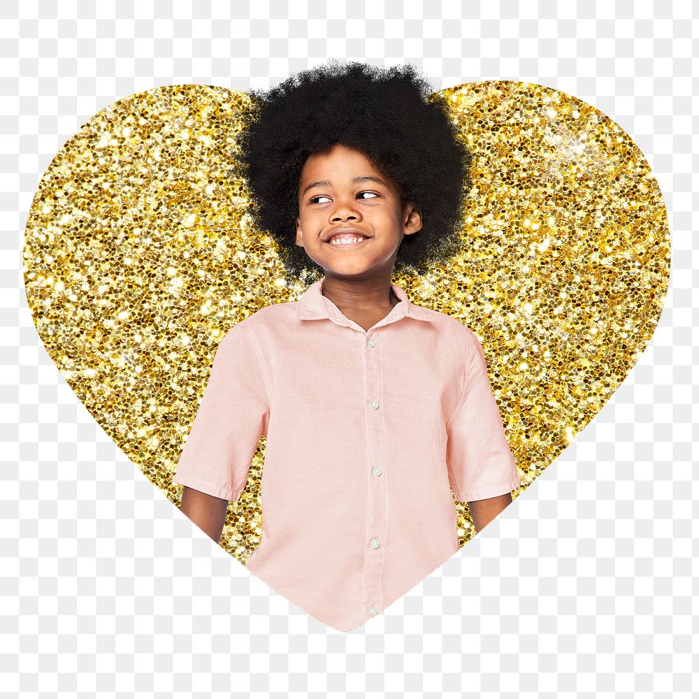 African kid png badge sticker, gold glitter heart shape, transparent background