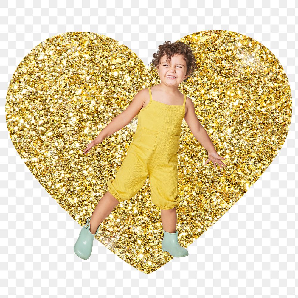 Little kid png badge sticker, gold glitter heart shape, transparent background