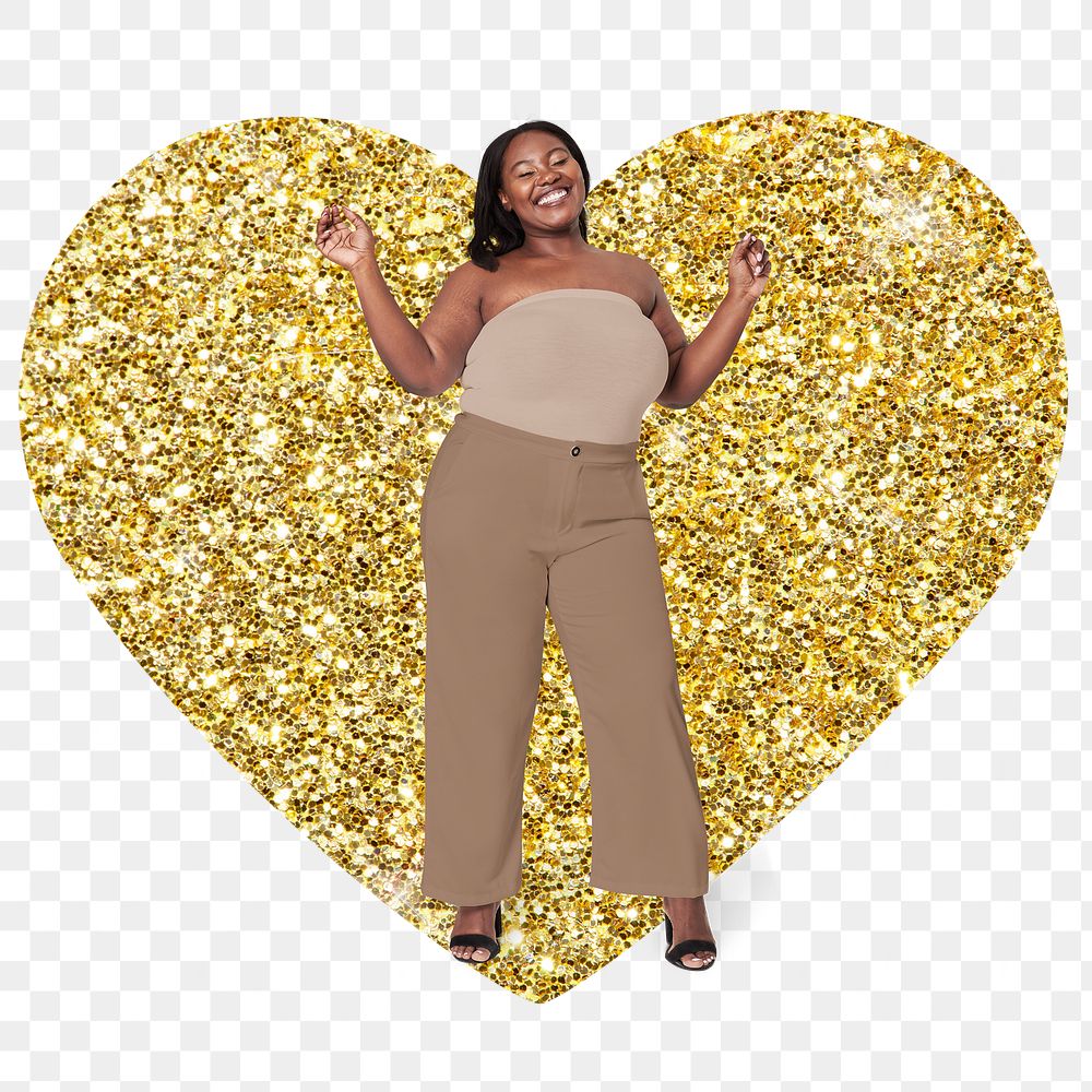 Png joyful African woman badge sticker, gold glitter heart shape, transparent background