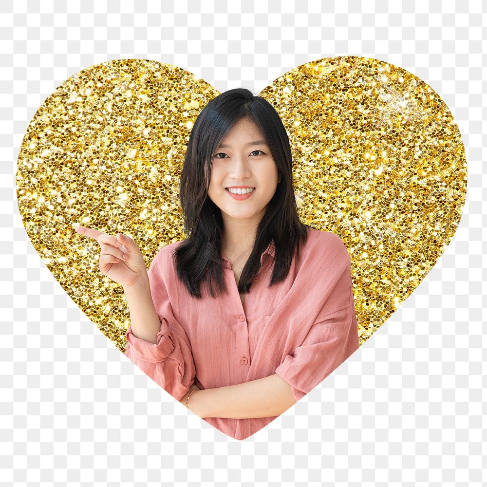 Asian woman png badge sticker, gold glitter heart shape, transparent background