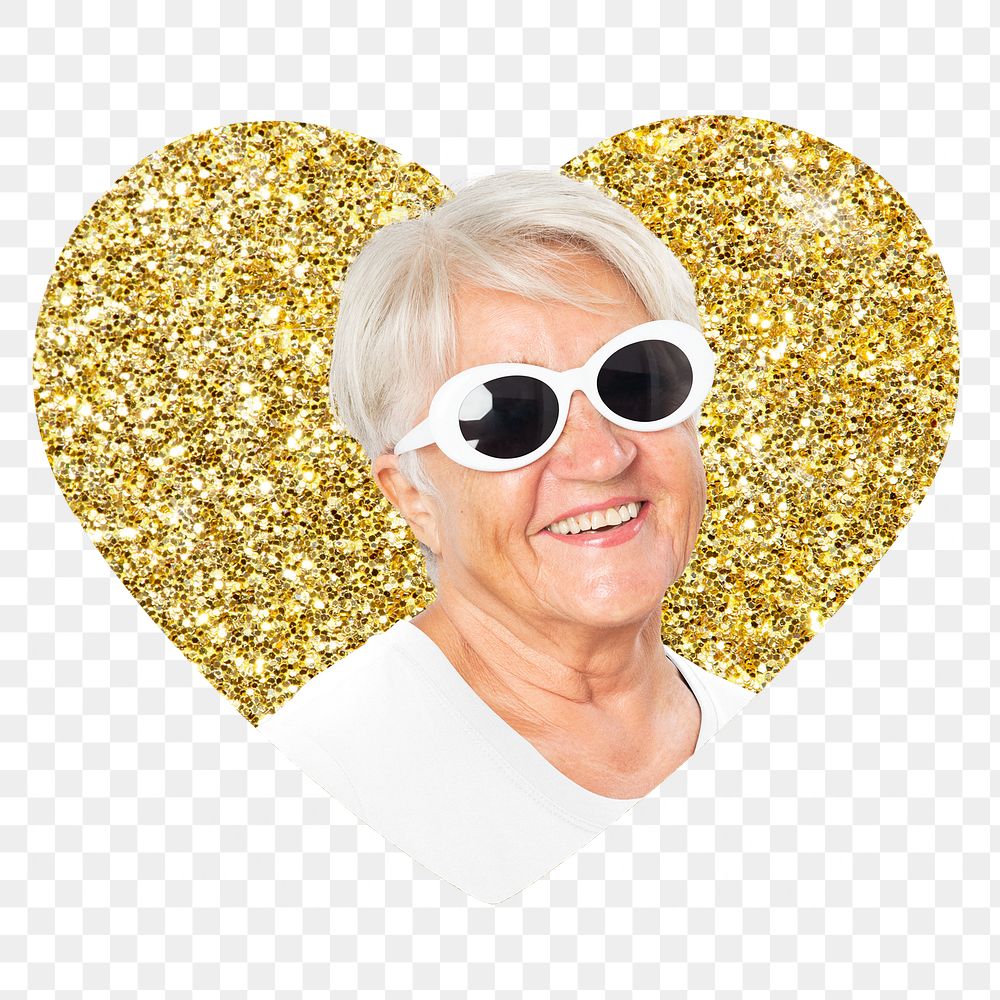 Png senior woman with sunglasses badge sticker, gold glitter heart shape, transparent background