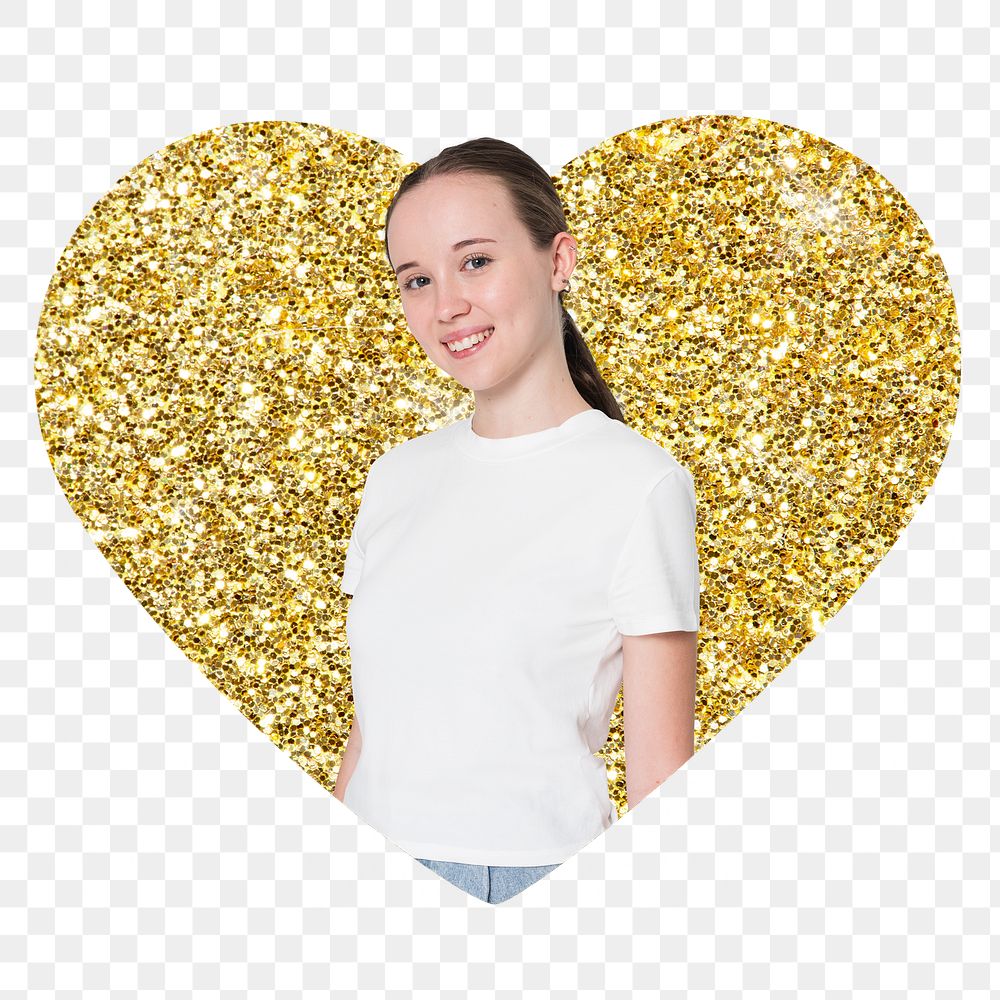 Teenage woman png badge sticker, gold glitter heart shape, transparent background