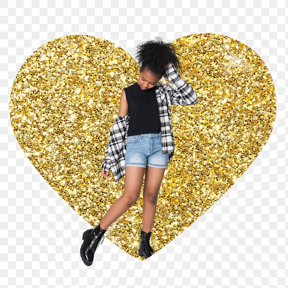 African teenager png badge sticker, gold glitter heart shape, transparent background