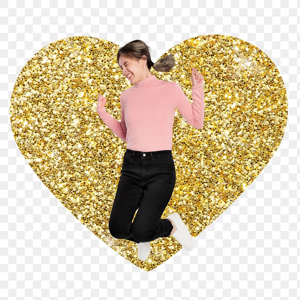 Jumping girl png badge sticker, gold glitter heart shape, transparent background