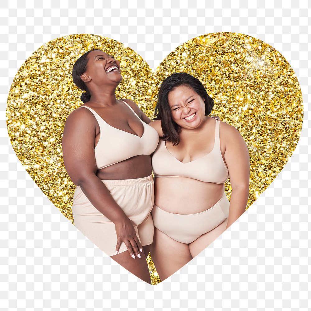 Png plus size models in lingerie apparel badge sticker, gold glitter heart shape, transparent background