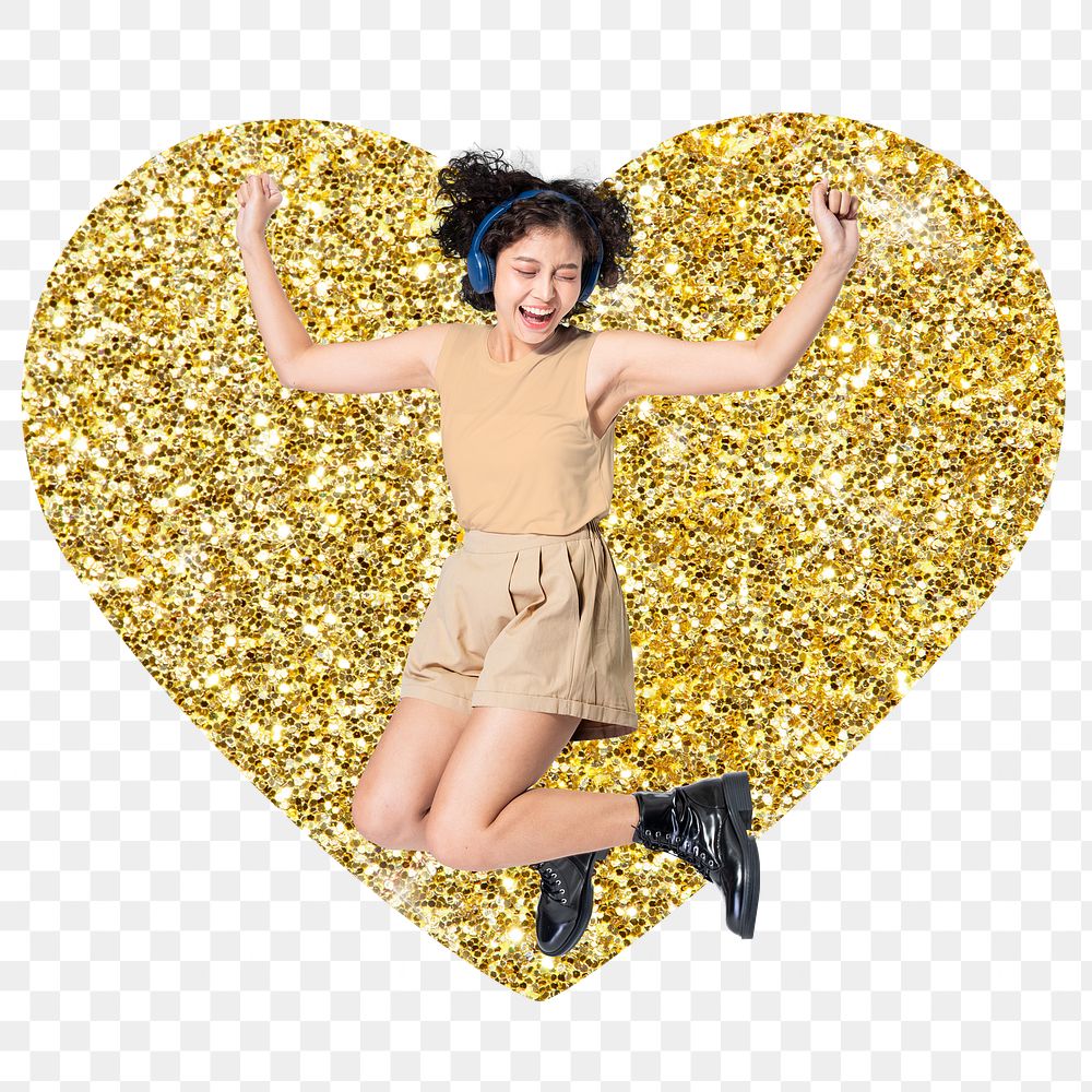 Happy woman png badge sticker, gold glitter heart shape, transparent background