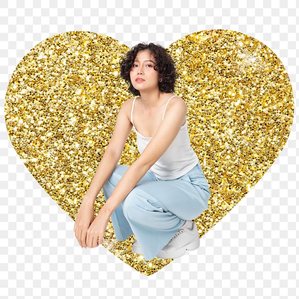 Woman sitting png badge sticker, gold glitter heart shape, transparent background