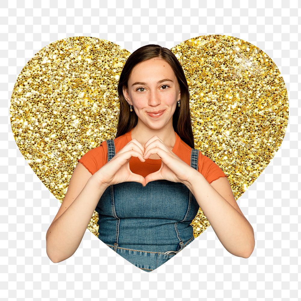 Png woman making heart hands badge sticker, gold glitter heart shape, transparent background