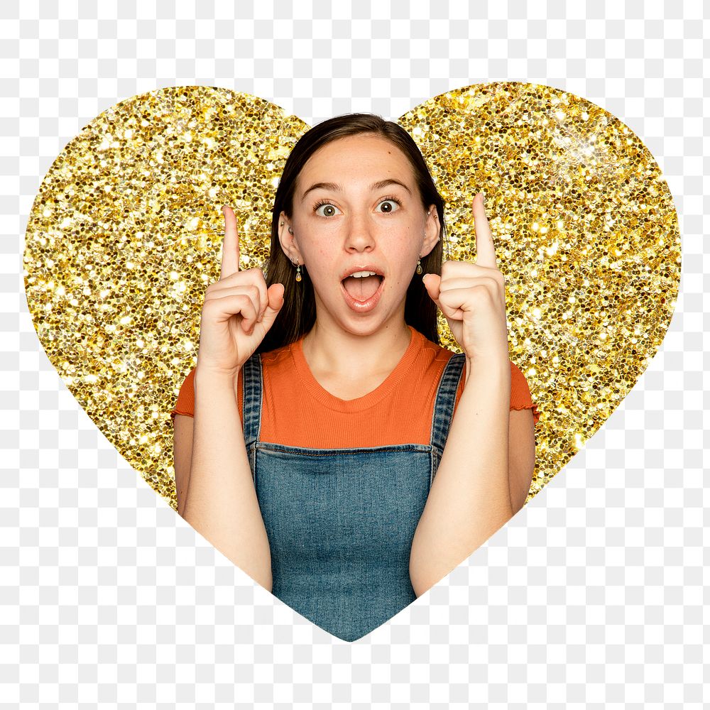 Png young woman pointing up badge sticker, gold glitter heart shape, transparent background