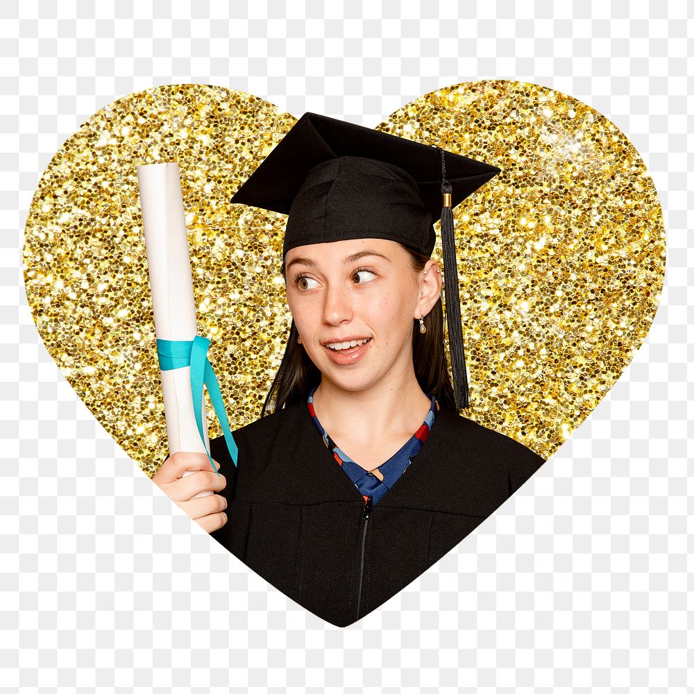 Graduate woman png badge sticker, gold glitter heart shape, transparent background