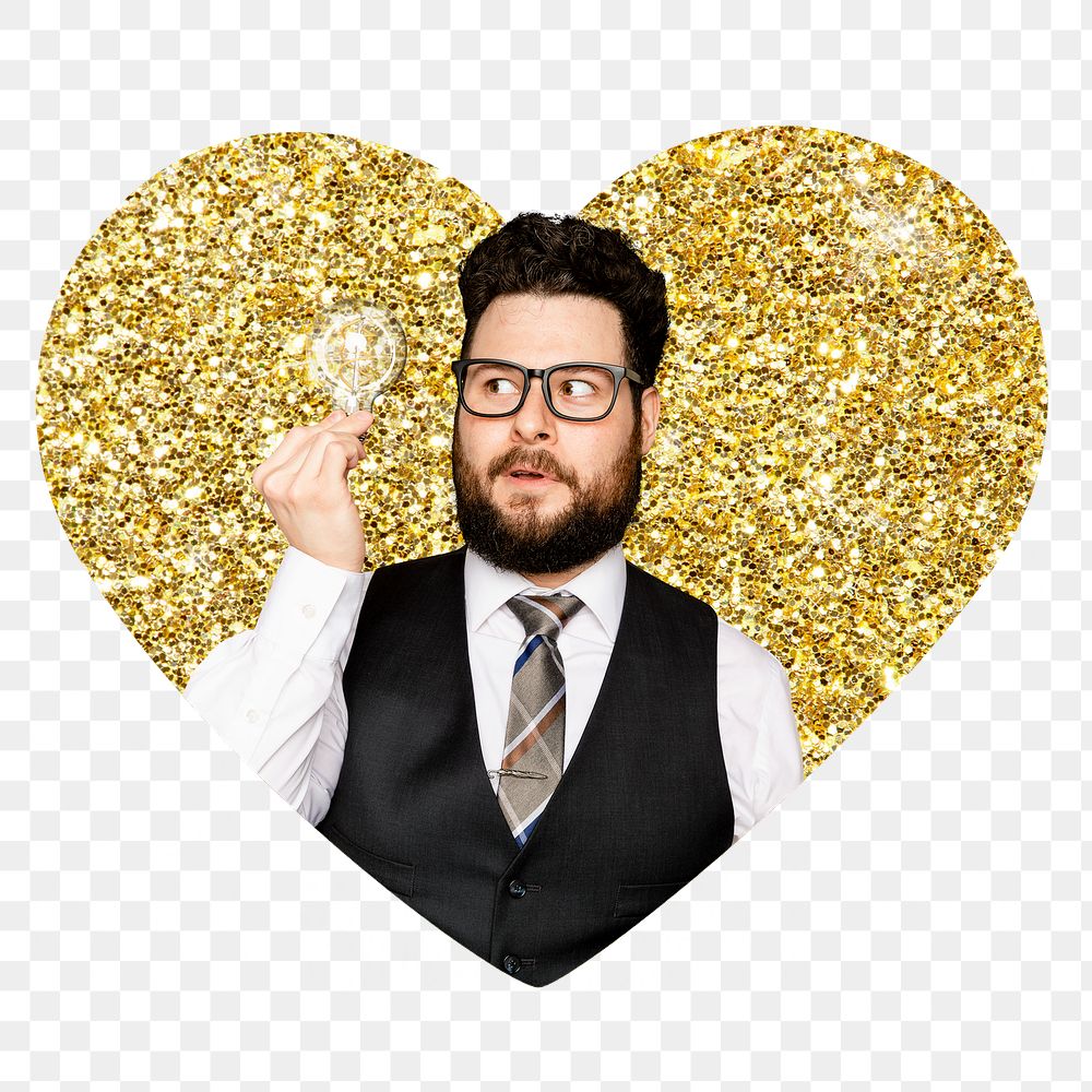 Business idea png badge sticker, gold glitter heart shape, transparent background
