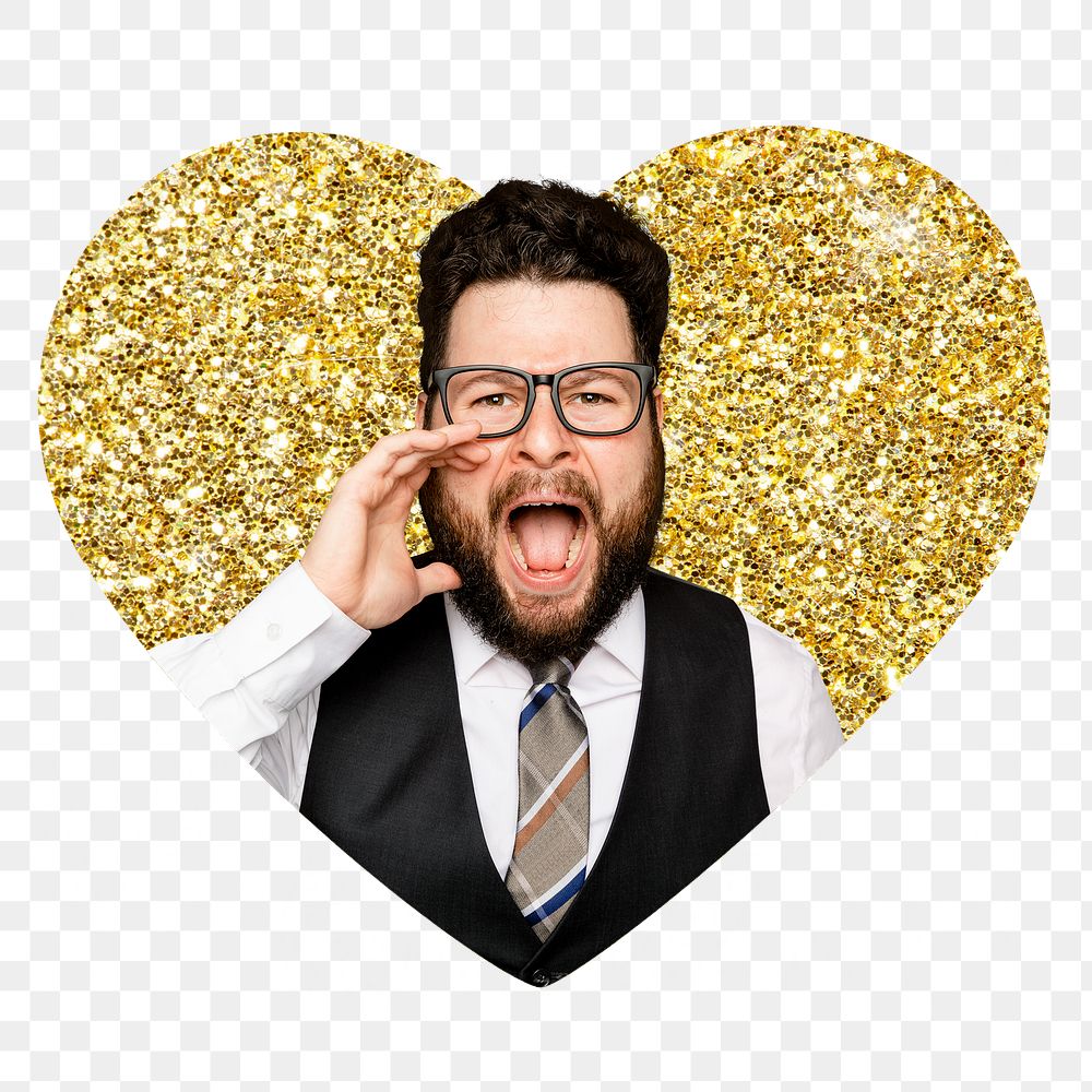 Businessman screaming png badge sticker, gold glitter heart shape, transparent background