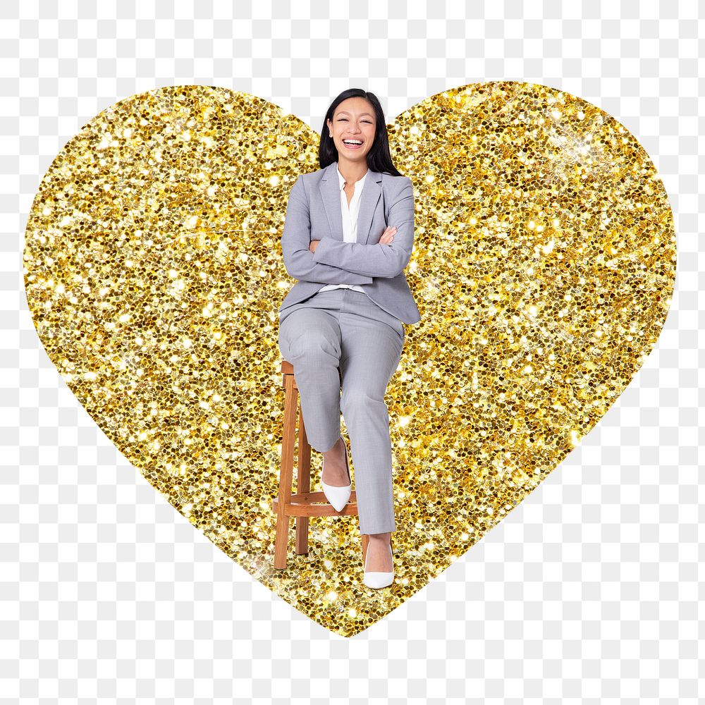 Businesswoman sitting png badge sticker, gold glitter heart shape, transparent background
