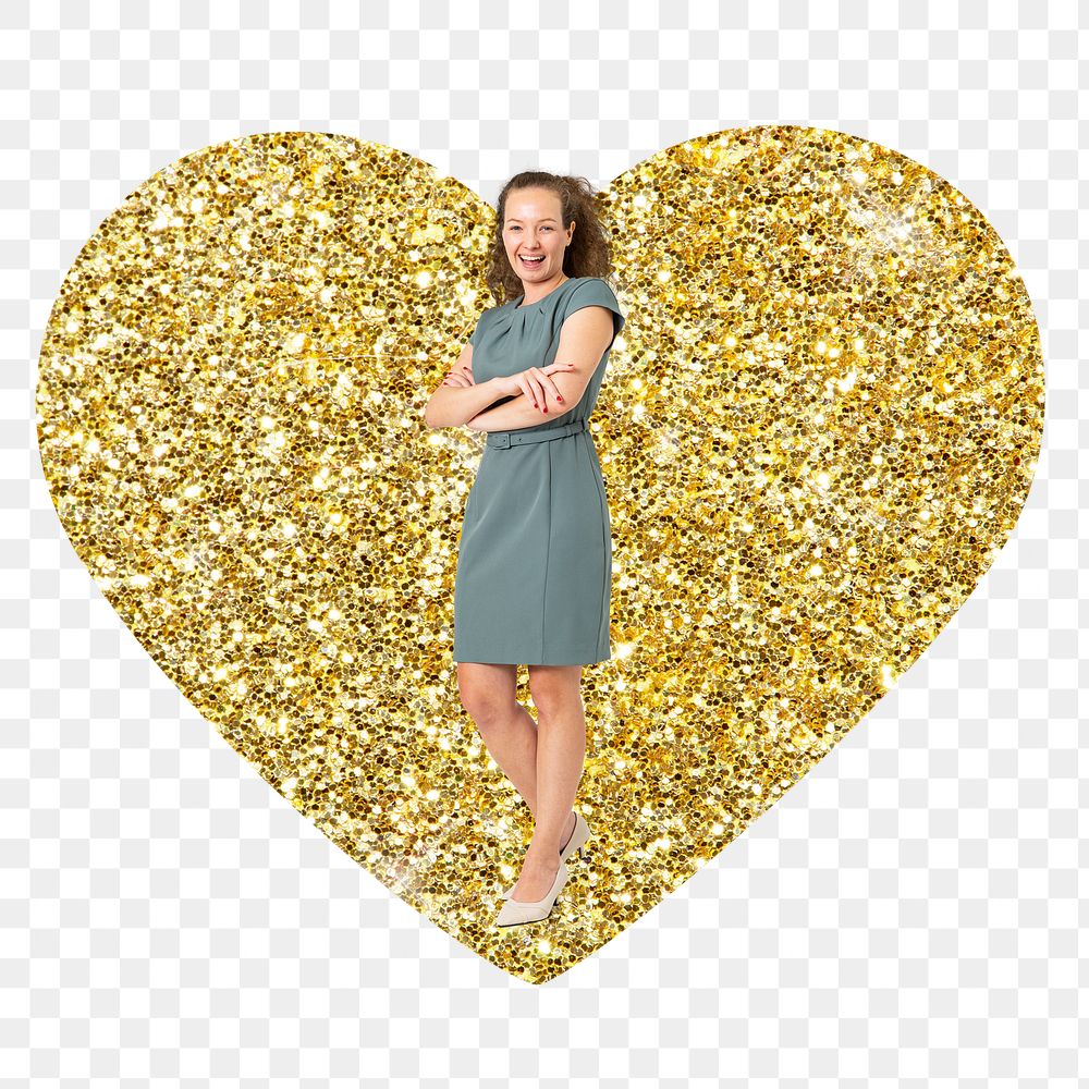 Businesswoman standing png badge sticker, gold glitter heart shape, transparent background