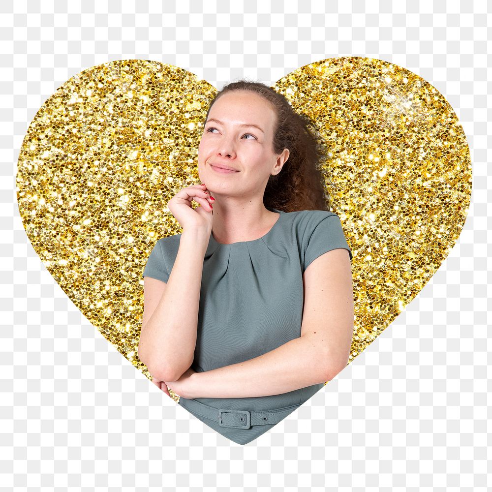 Businesswoman thinking png badge sticker, gold glitter heart shape, transparent background