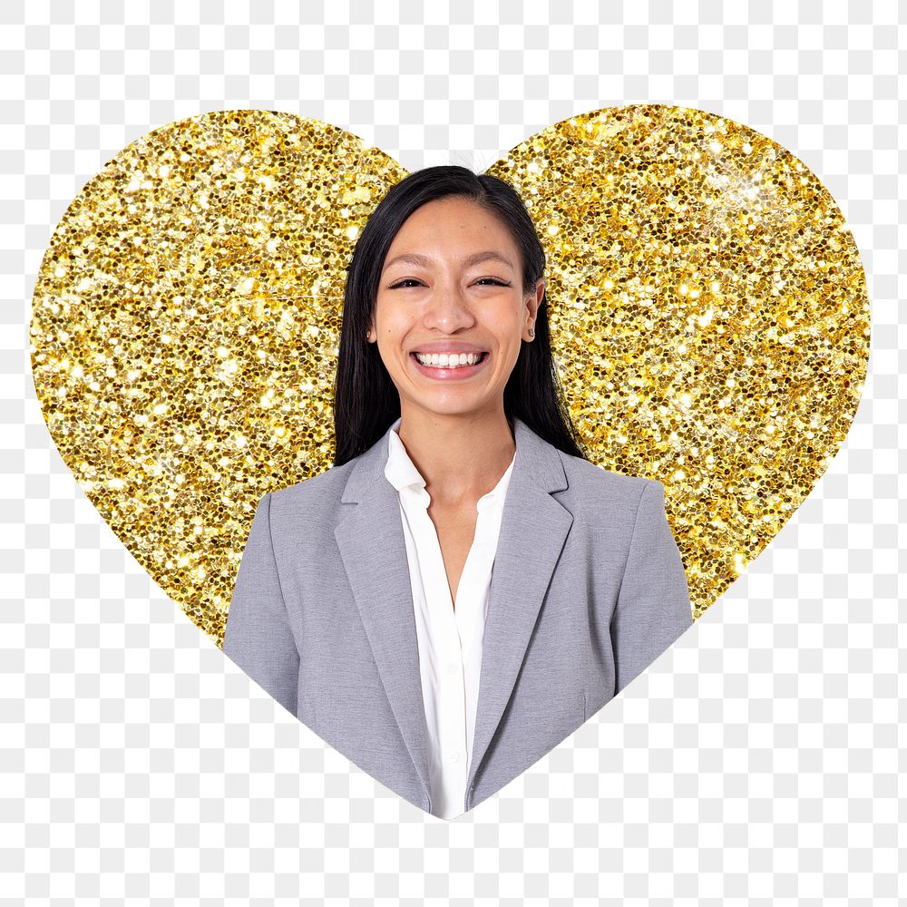 Smiling businesswoman png badge sticker, gold glitter heart shape, transparent background