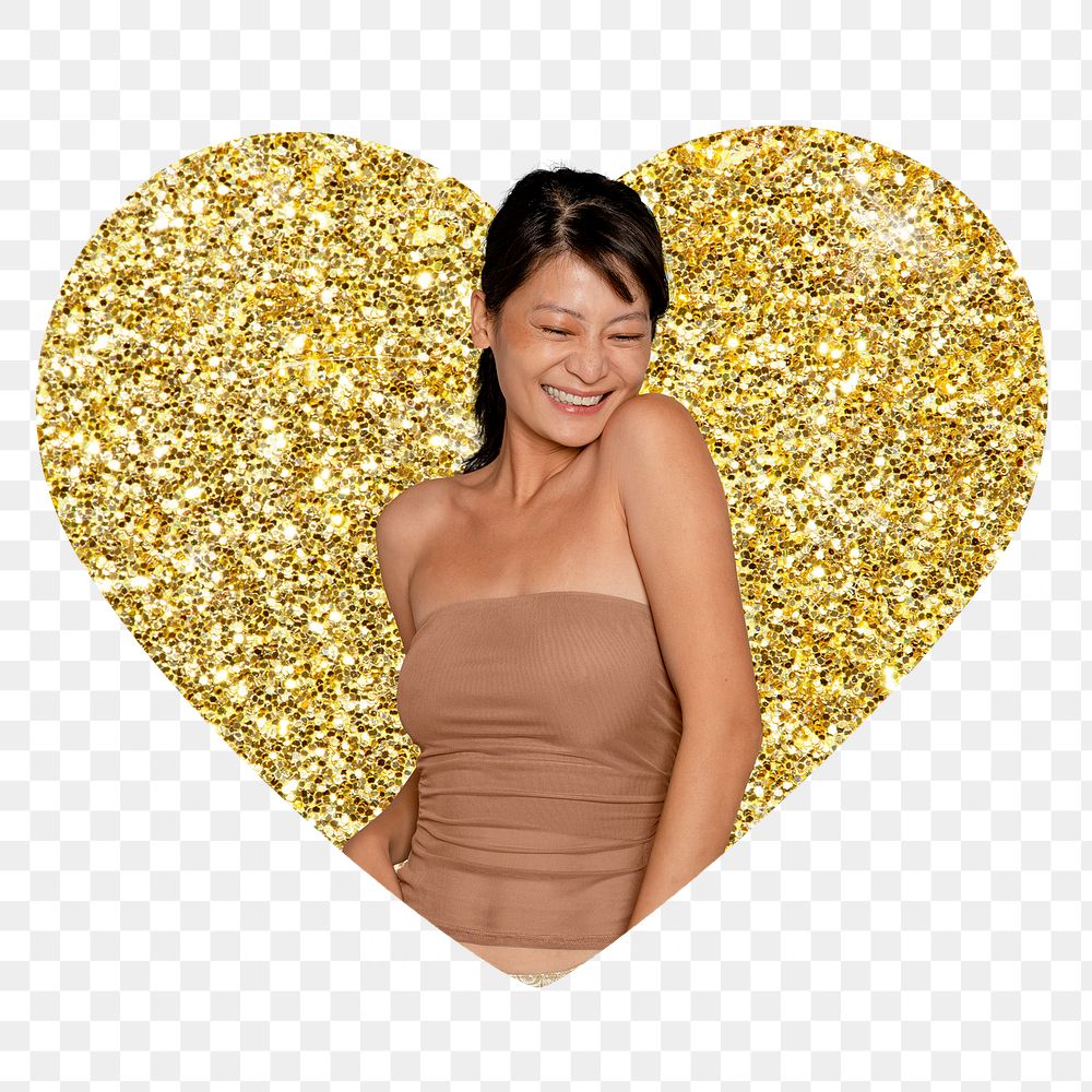 Joyful woman png badge sticker, gold glitter heart shape, transparent background