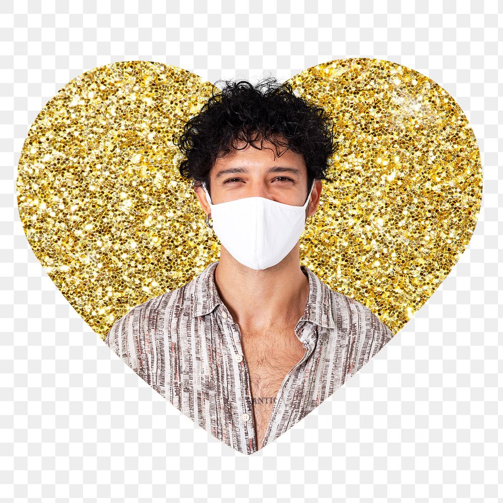 Png man wearing mask badge sticker, gold glitter heart shape, transparent background