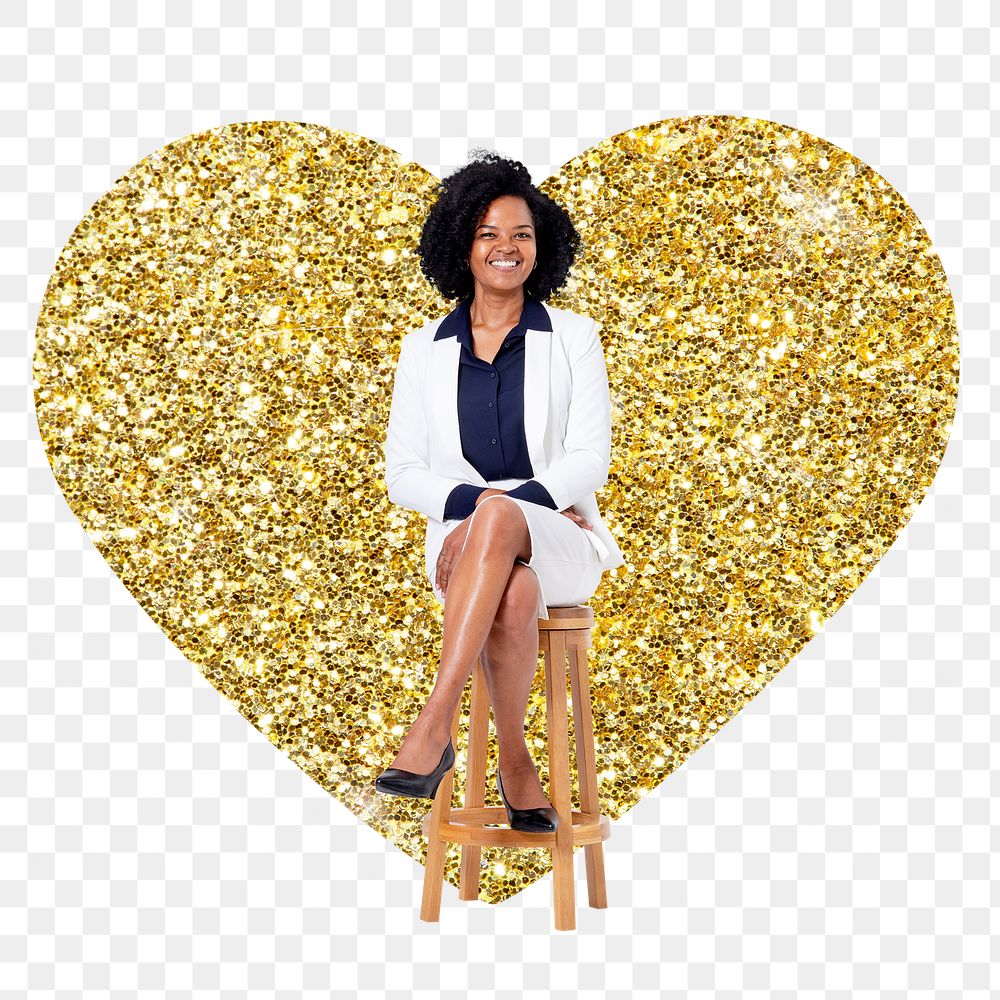 Confident businesswoman png badge sticker, gold glitter heart shape, transparent background