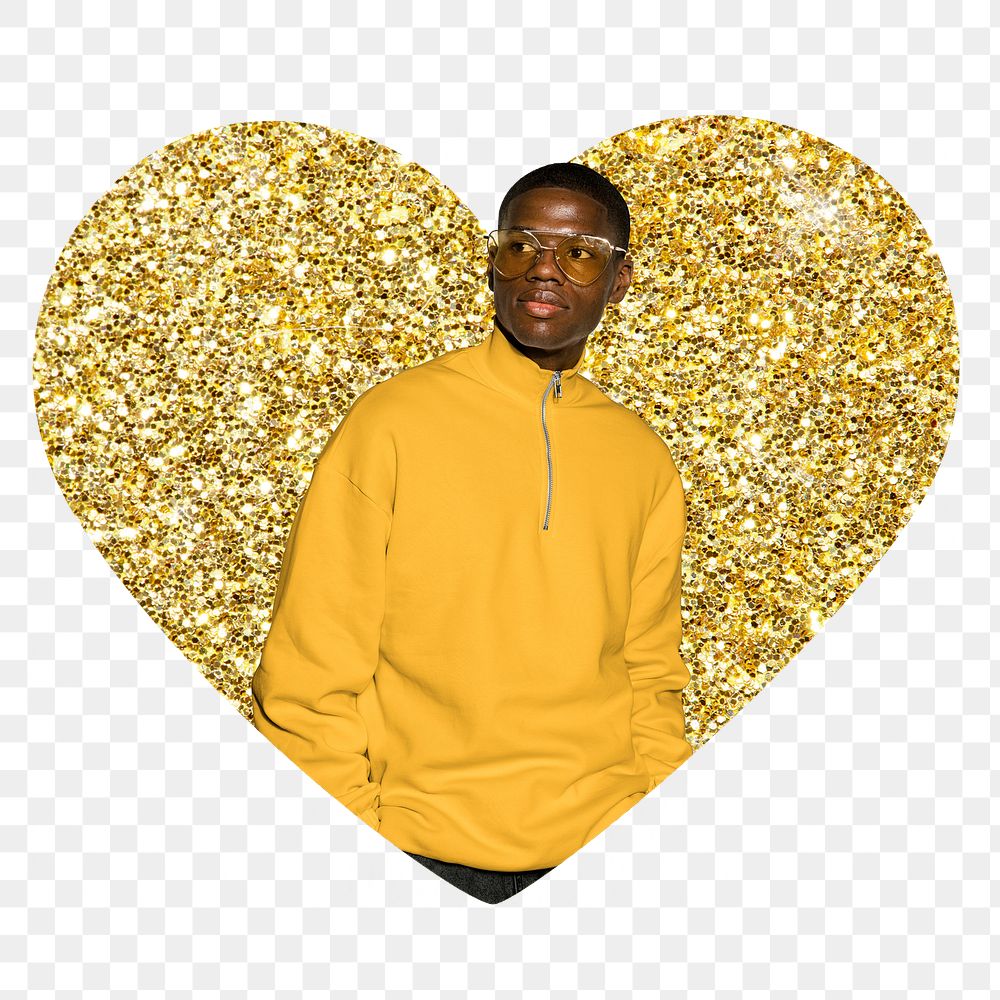 African man png fashion badge sticker, gold glitter heart shape, transparent background